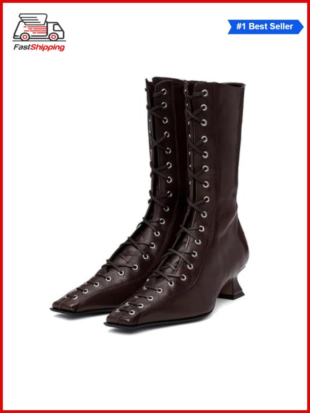 Womens Lace Up Mid Calf Boots Pointed Square Toe Kitten Heel Vintage Granny